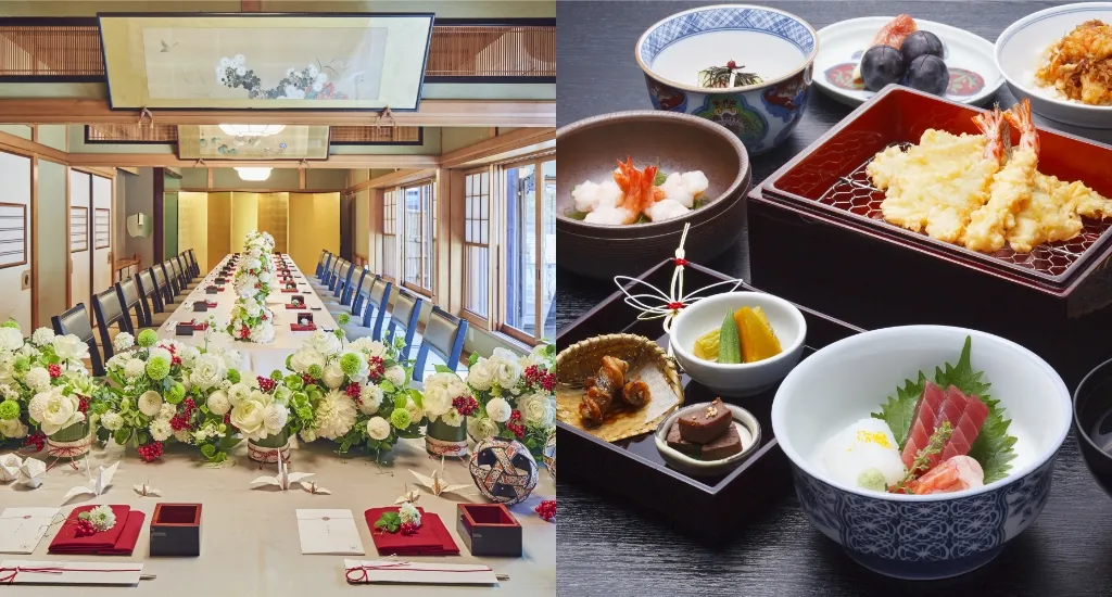 奥に金屏風の立てられた披露宴会場と天ぷらや鉢に入った刺身が並べられている婚礼料理